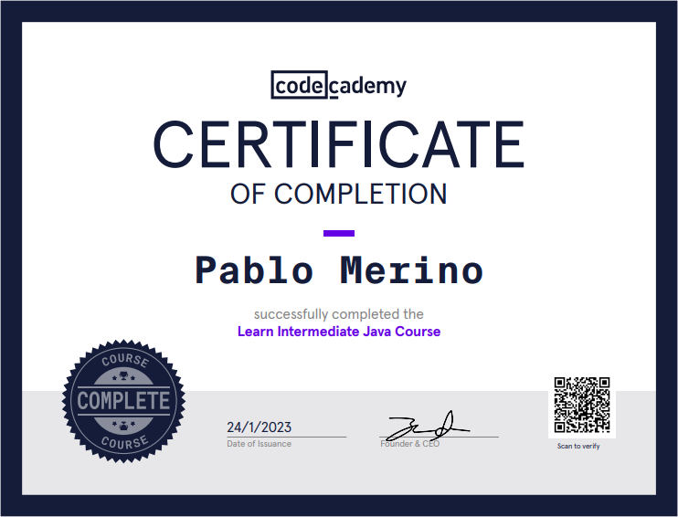 certificado intermediate java codecademy